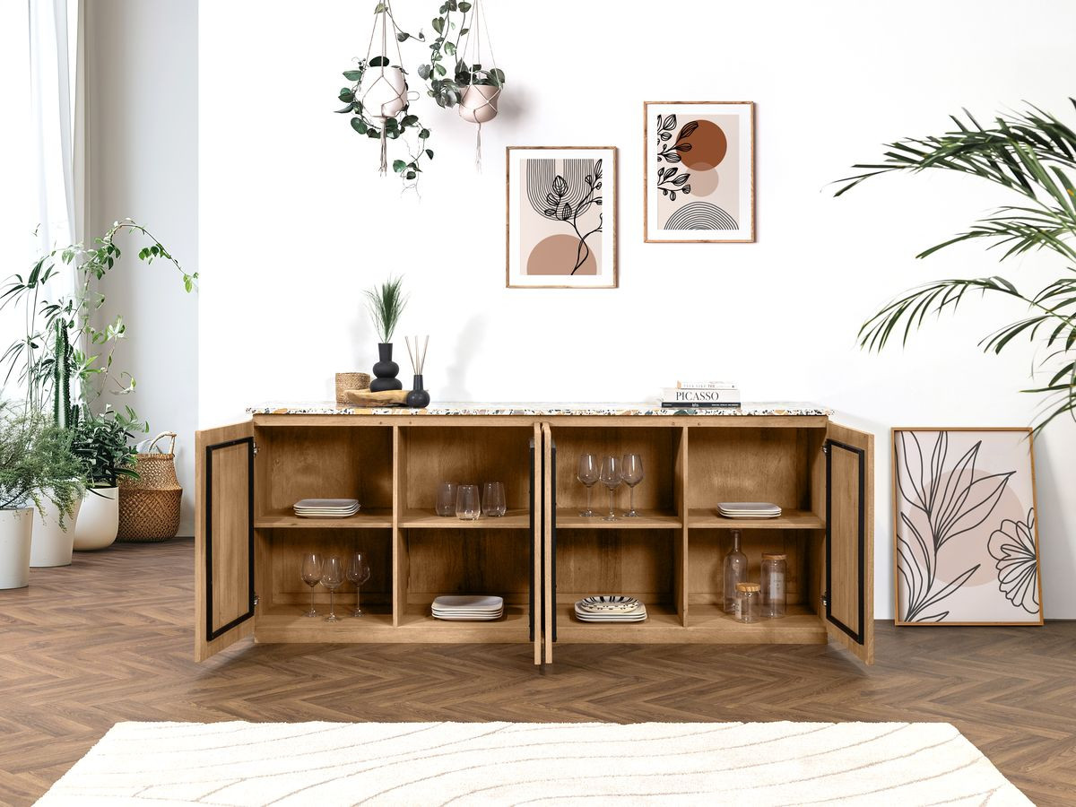 Buffet 4 portes 200 cm BARBARA bois massif de manguier et terrazzo