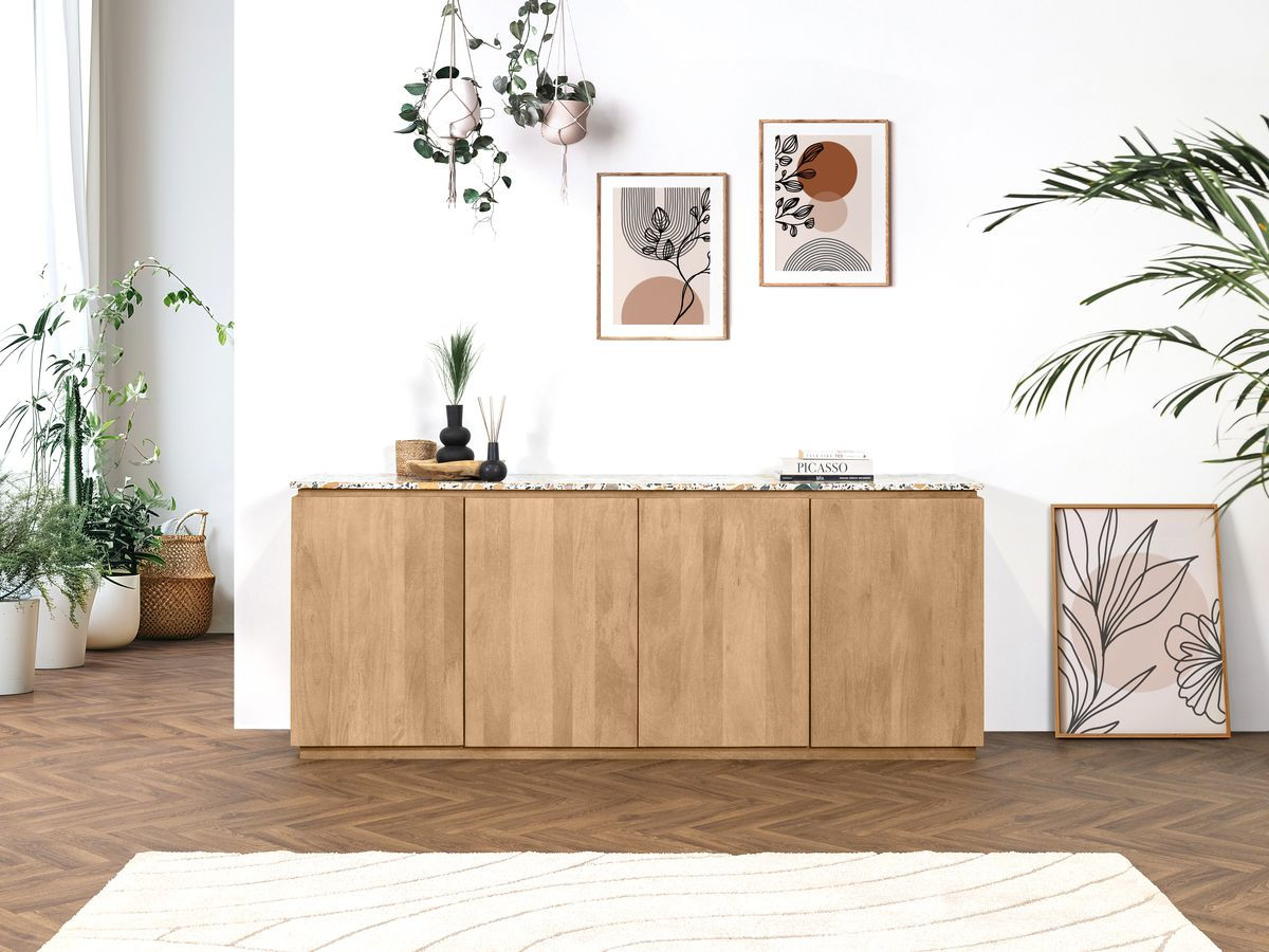 BARBARA 4-deurs dressoir 200 cm massief mangohout en terrazzo