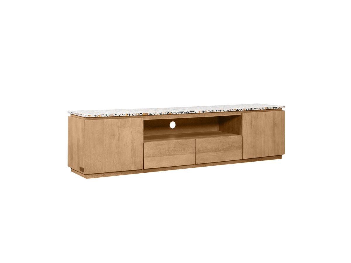 Meuble TV 2 portes 200 cm BARBARA bois massif de manguier et terrazzo