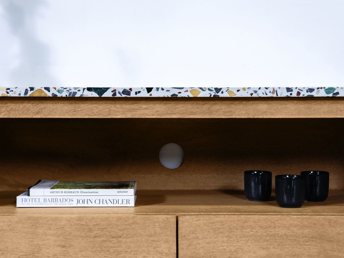 Meuble TV 2 portes 200 cm BARBARA bois massif de manguier et terrazzo