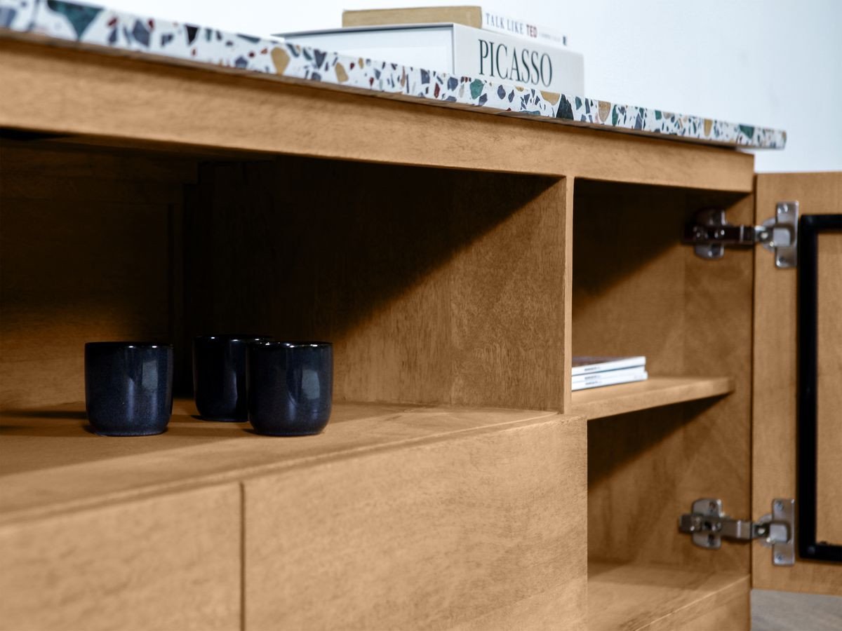 Meuble TV 2 portes 200 cm BARBARA bois massif de manguier et terrazzo