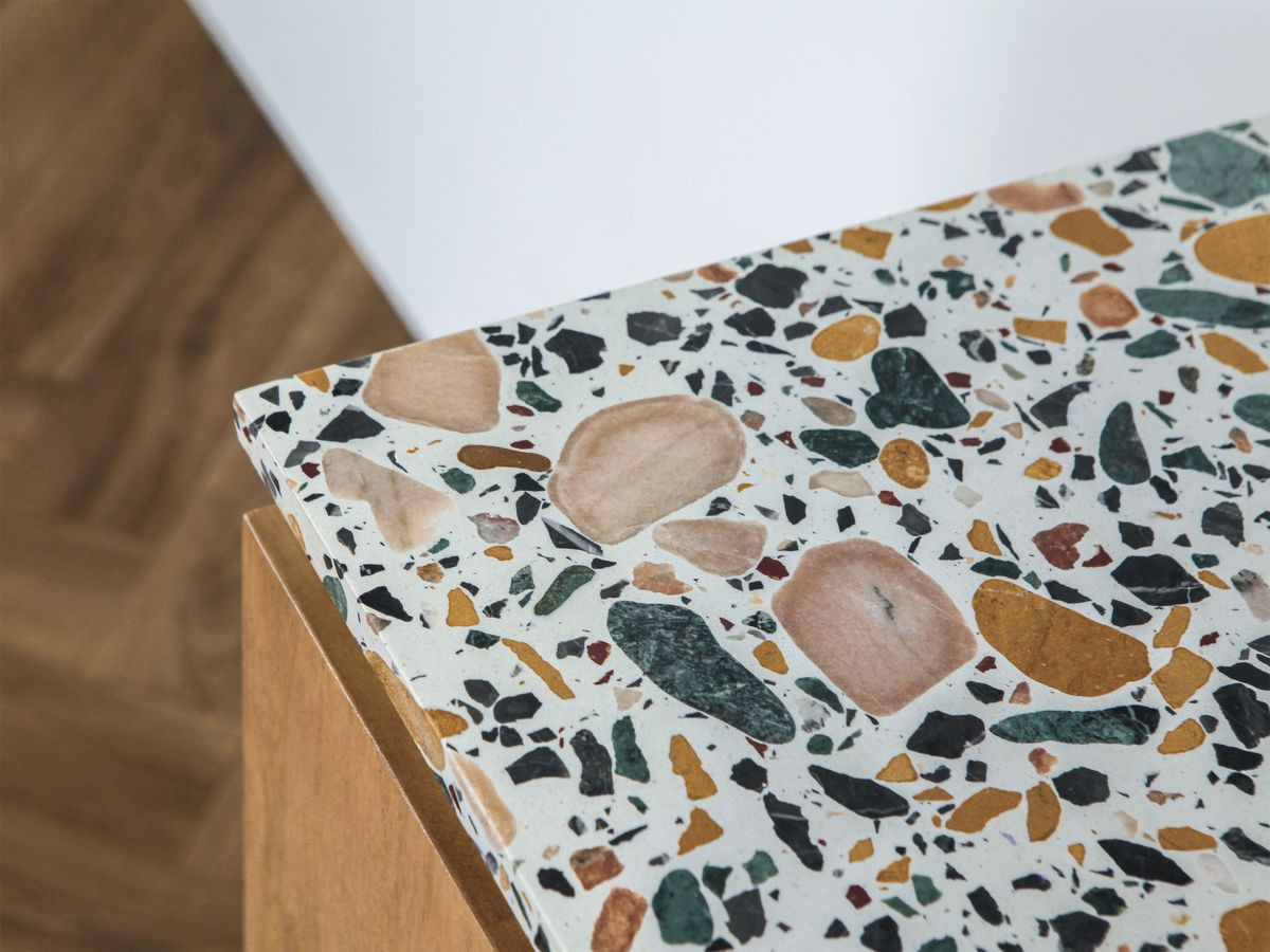 Meuble TV 2 portes 200 cm BARBARA bois massif de manguier et terrazzo