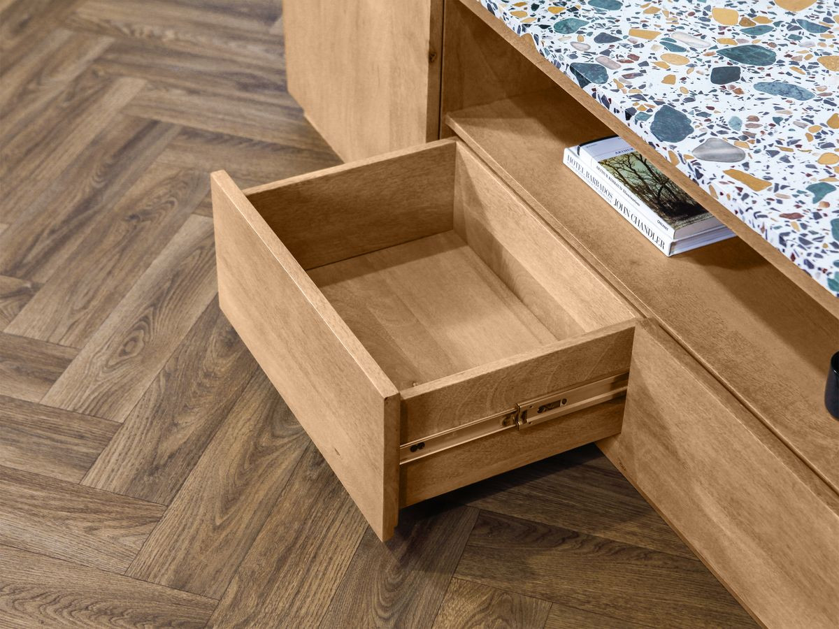 Meuble TV 2 portes 200 cm BARBARA bois massif de manguier et terrazzo