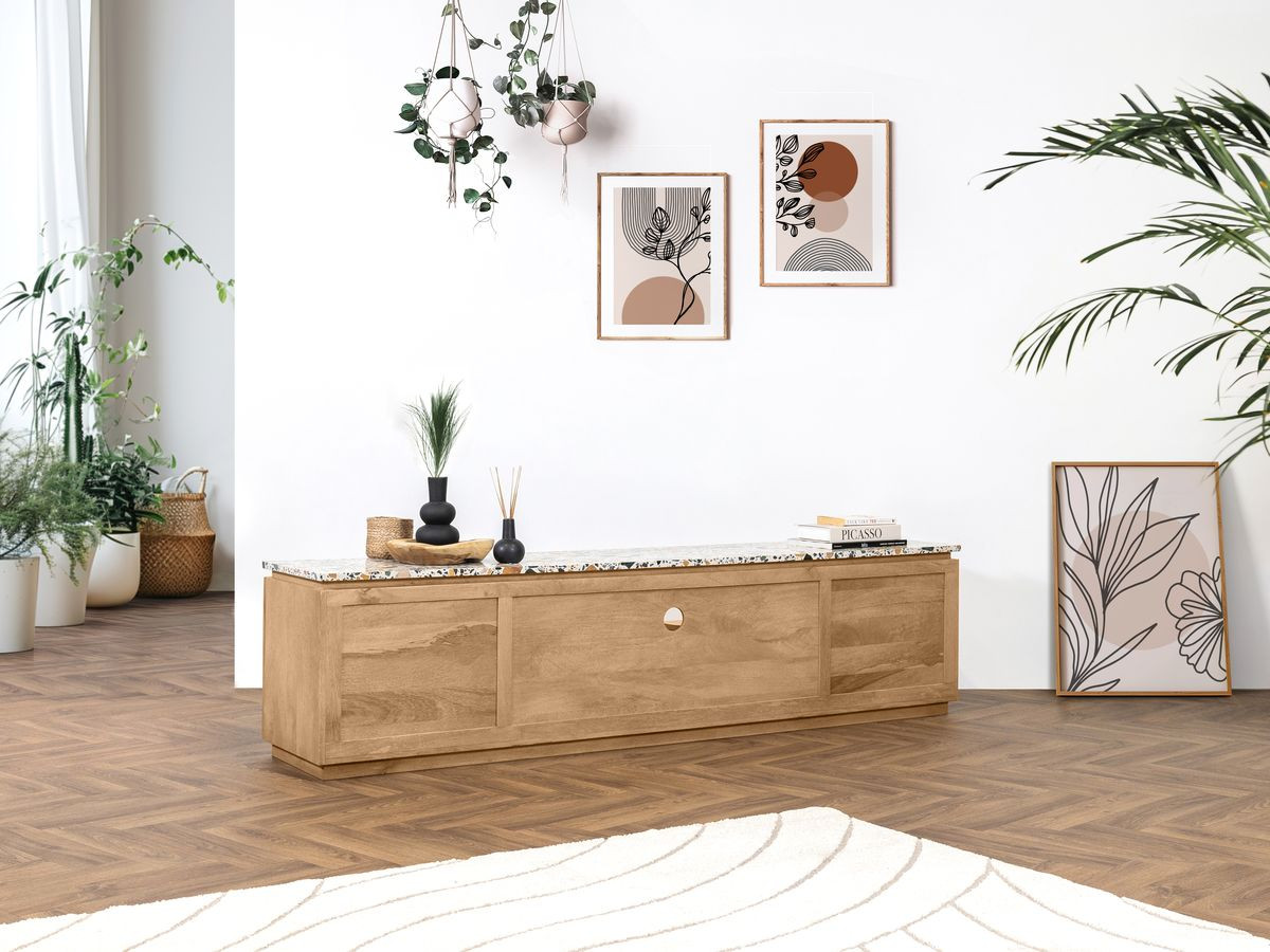 Meuble TV 2 portes 200 cm BARBARA bois massif de manguier et terrazzo