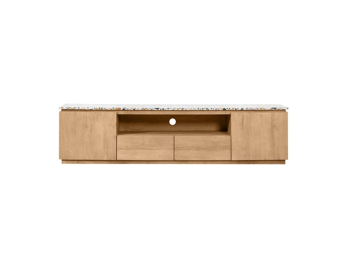 Meuble TV 2 portes 200 cm BARBARA bois massif de manguier et terrazzo