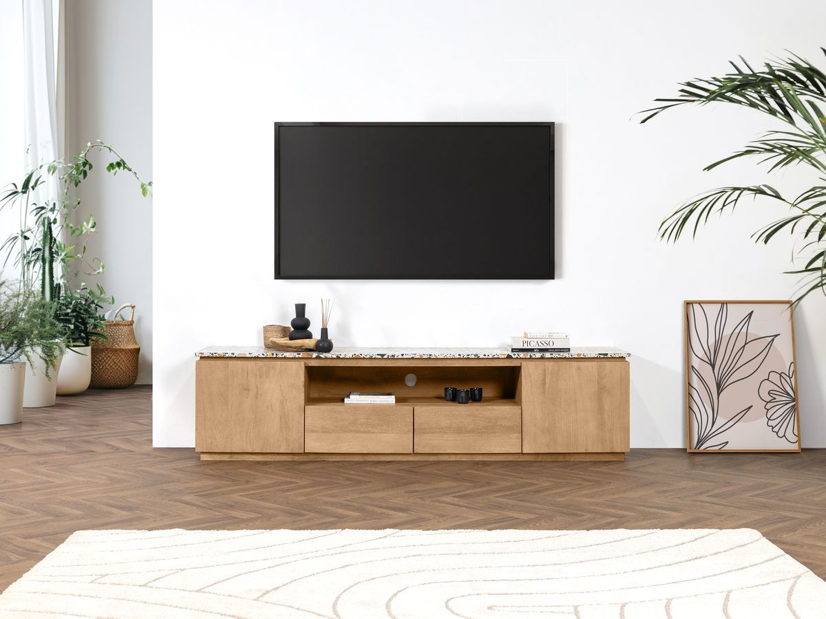 Meuble TV 2 portes 200 cm BARBARA bois massif de manguier et terrazzo