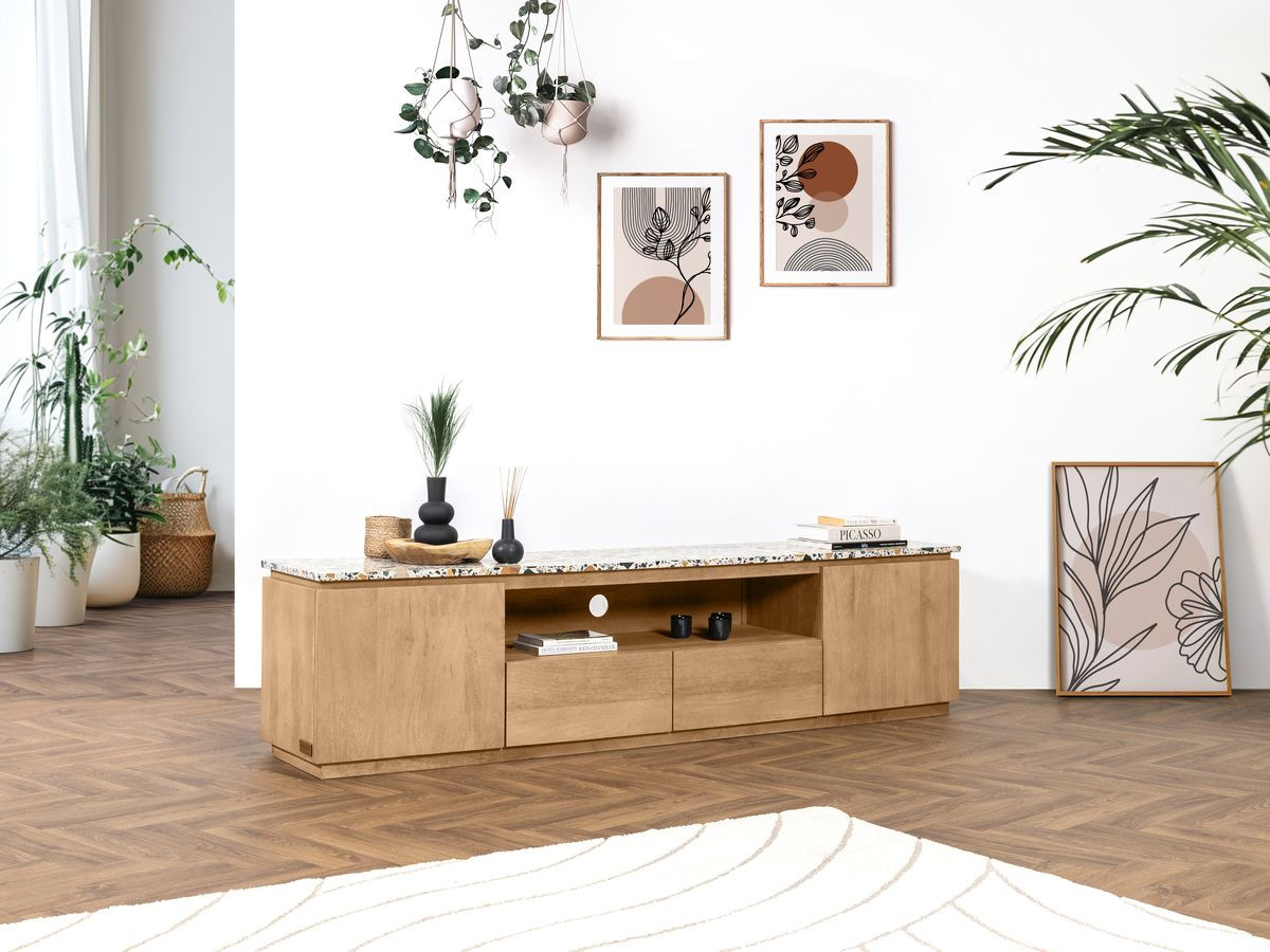 Ensemble BARBARA avec buffet 200 cm + meuble TV 200 cm bois massif de manguier et terrazzo