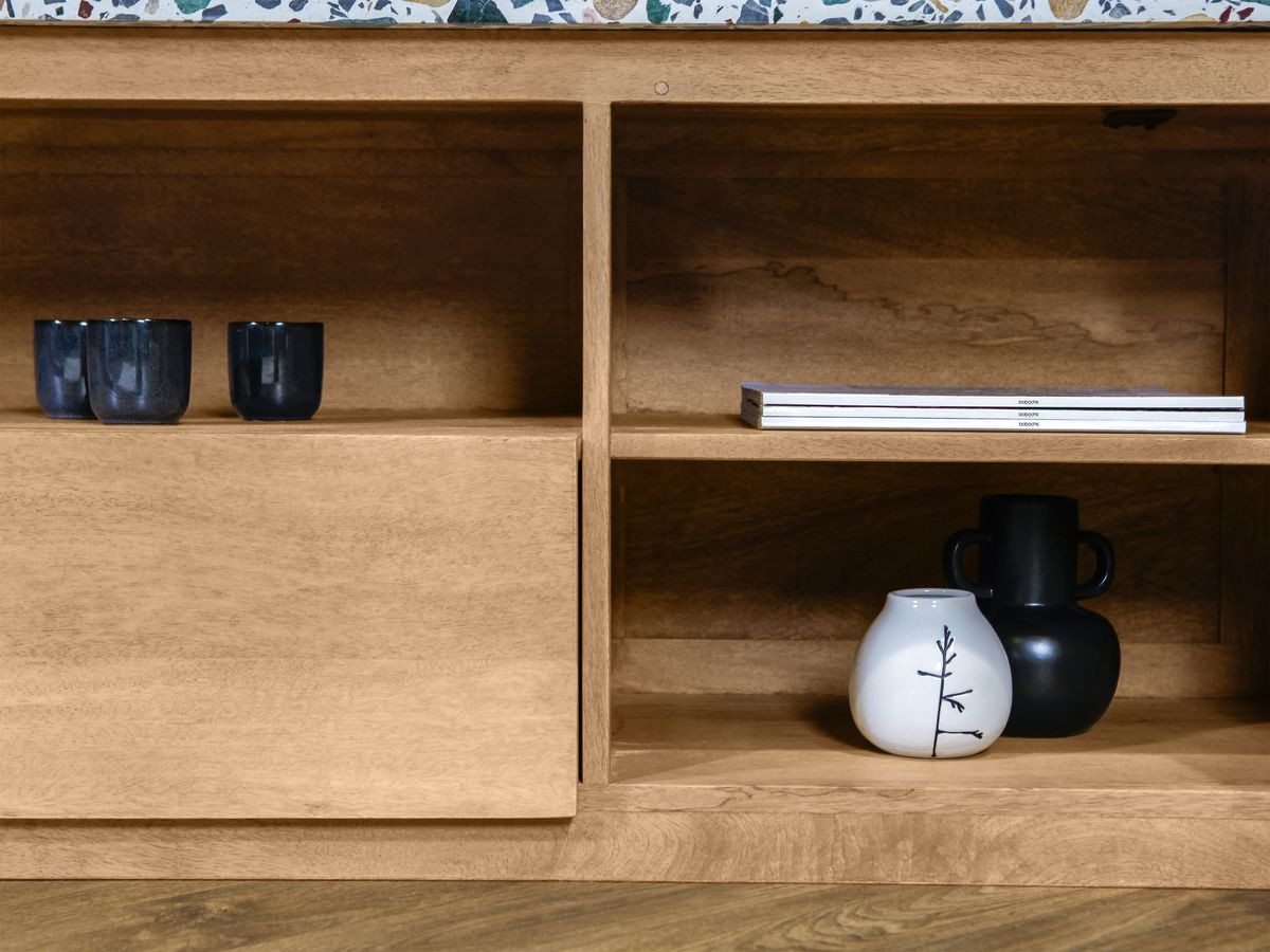 Ensemble BARBARA avec buffet 200 cm + meuble TV 200 cm bois massif de manguier et terrazzo