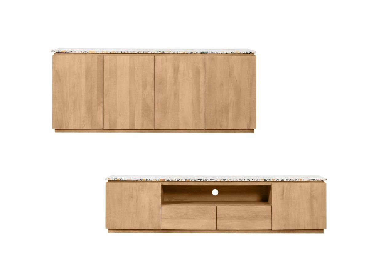 Ensemble BARBARA avec buffet 200 cm + meuble TV 200 cm bois massif de manguier et terrazzo