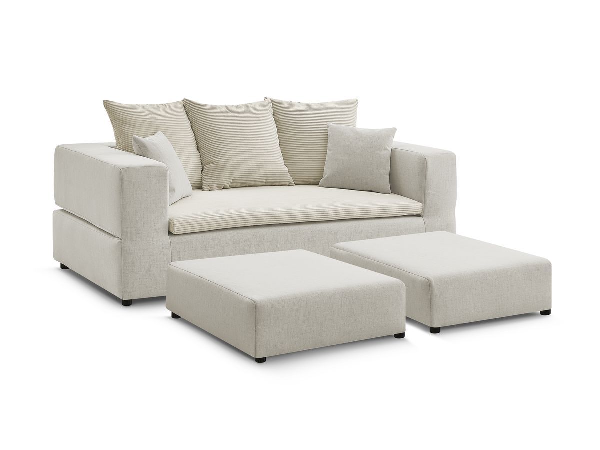 Canapé droit convertible LEANDRE bi matière avec deux poufs
