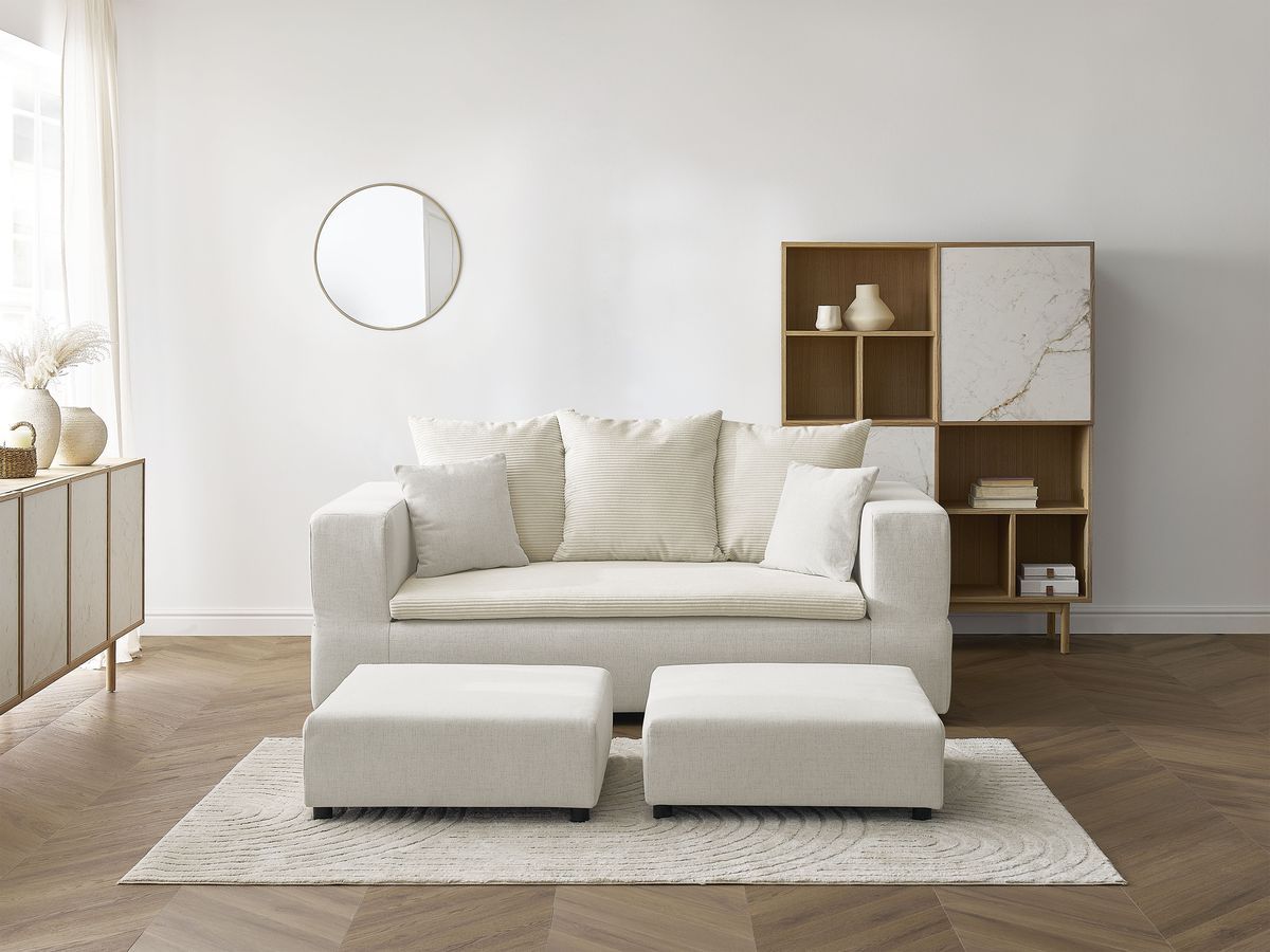 Canapé droit convertible LEANDRE bi matière avec deux poufs