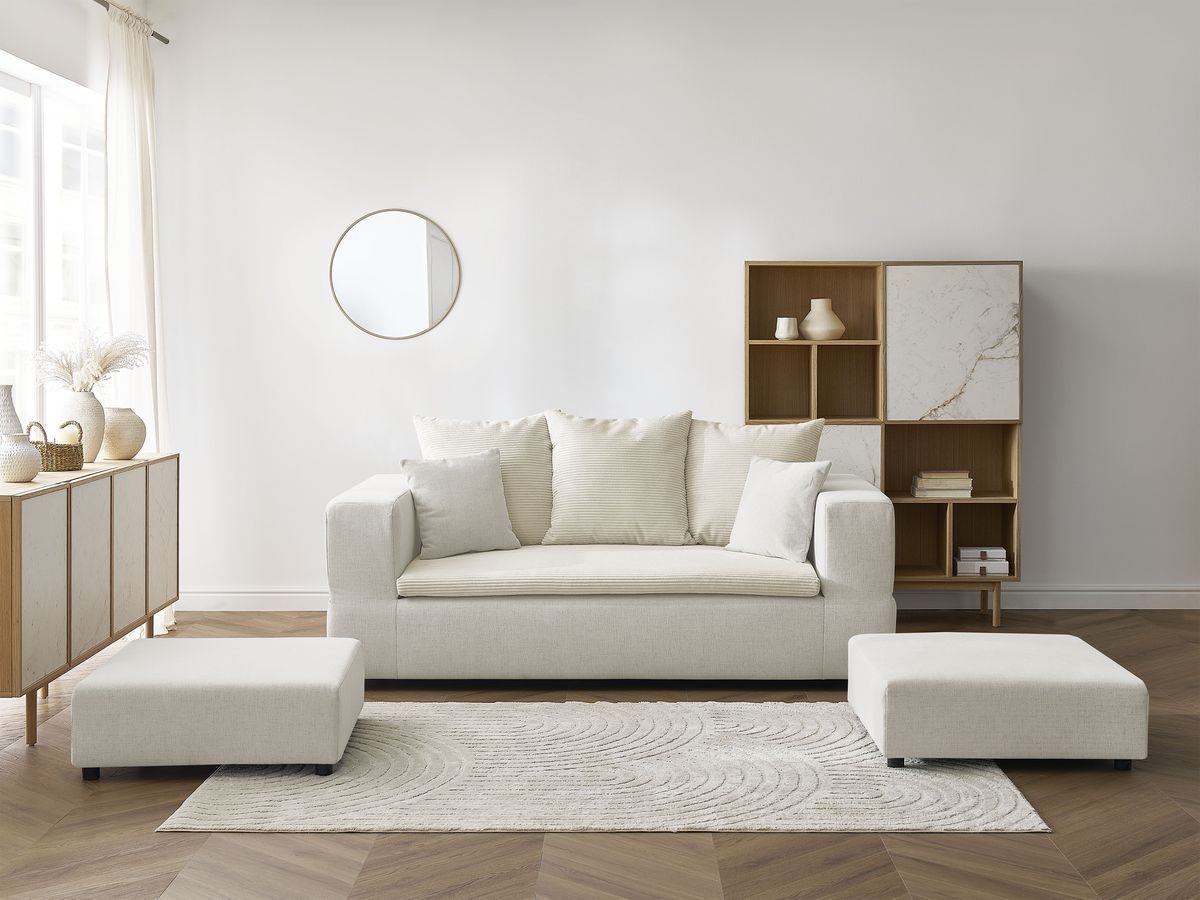 Canapé droit convertible LEANDRE bi matière avec deux poufs beige   BOBOCHIC 4 places - Vue supplémentaire 3