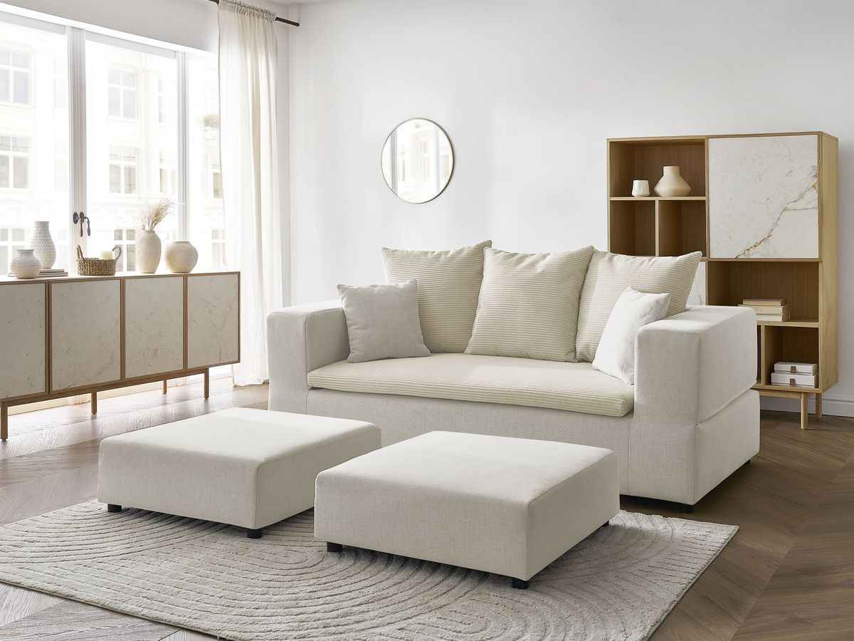 Canapé droit convertible LEANDRE bi matière avec deux poufs