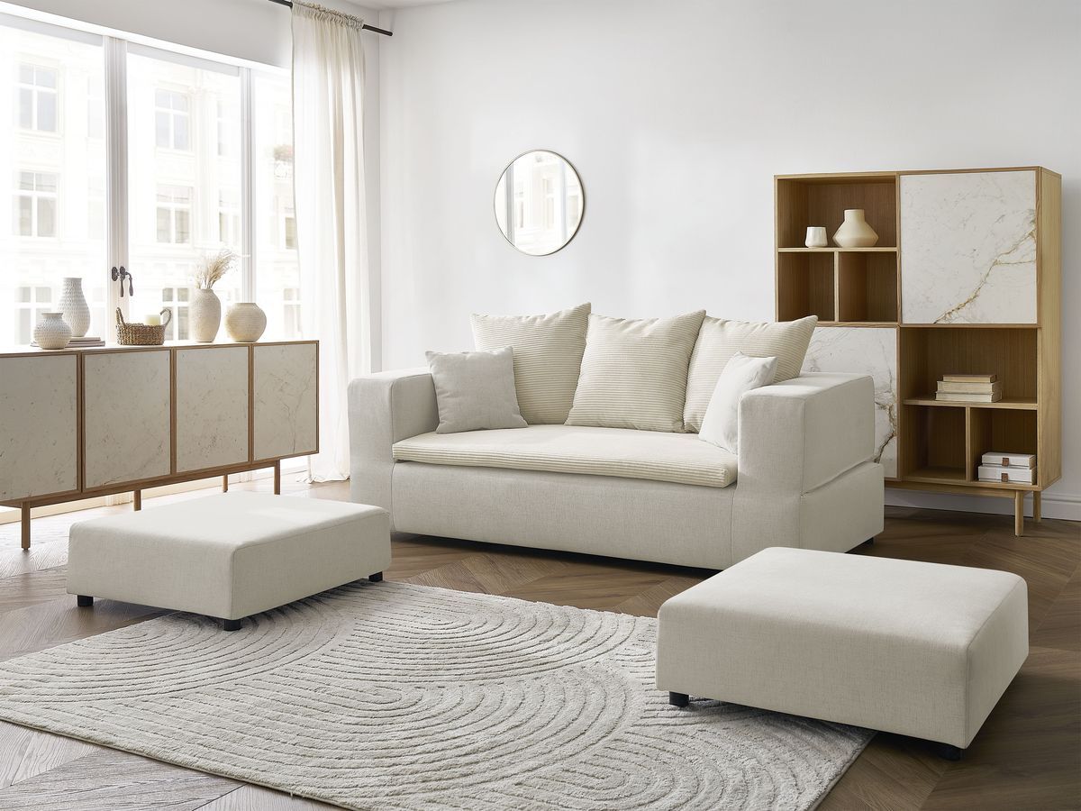 Canapé droit convertible LEANDRE bi matière avec deux poufs