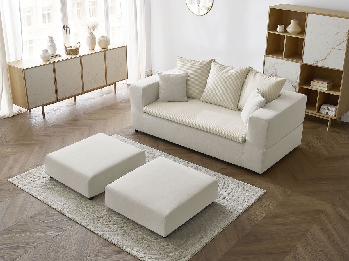 Canapé droit convertible LEANDRE bi matière avec deux poufs