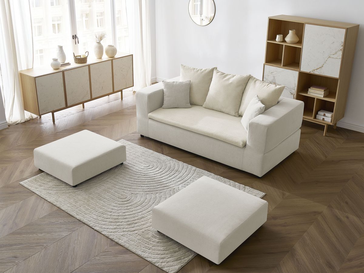 Canapé droit convertible LEANDRE bi matière avec deux poufs