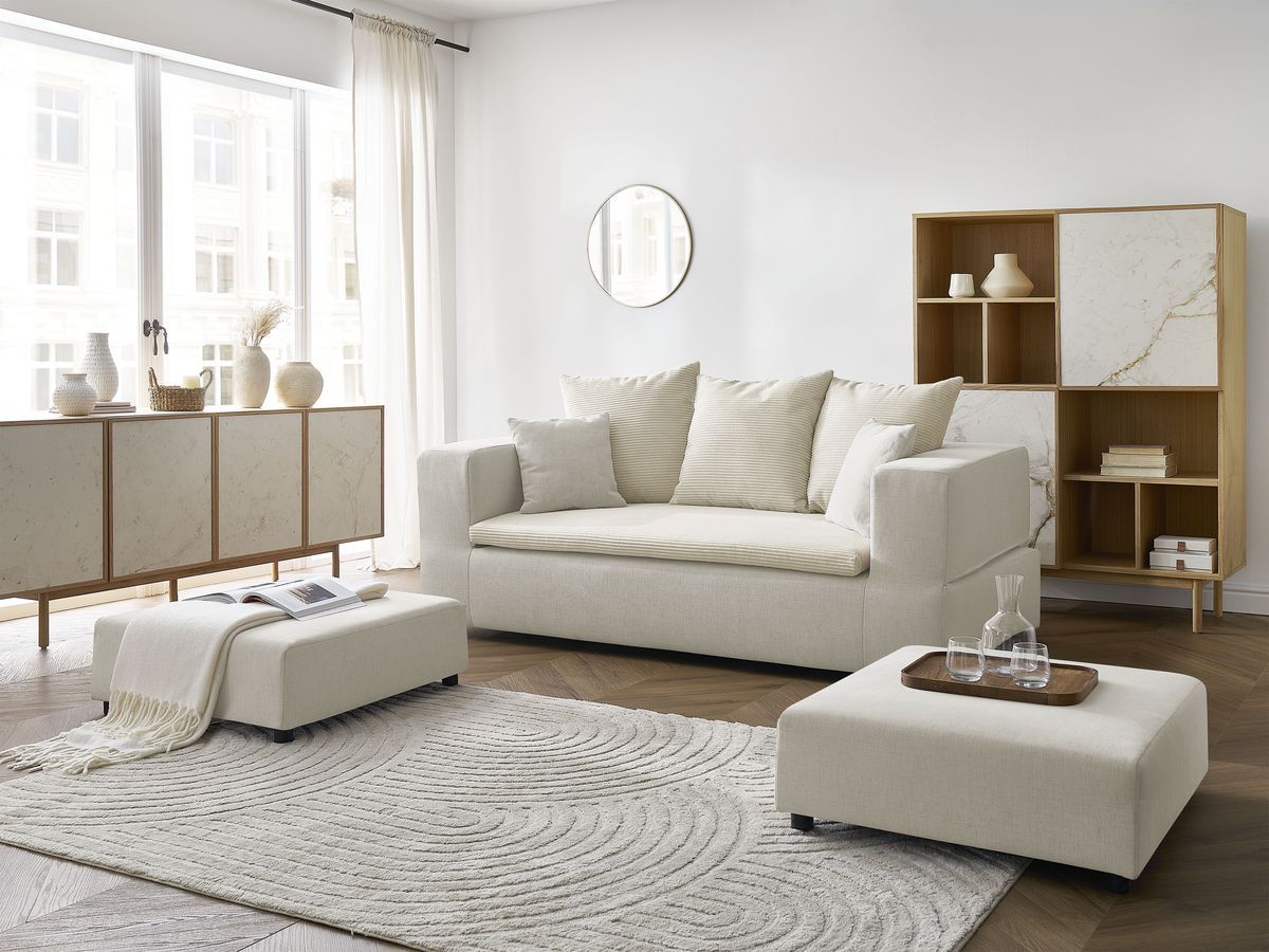 Canapé droit convertible LEANDRE bi matière avec deux poufs