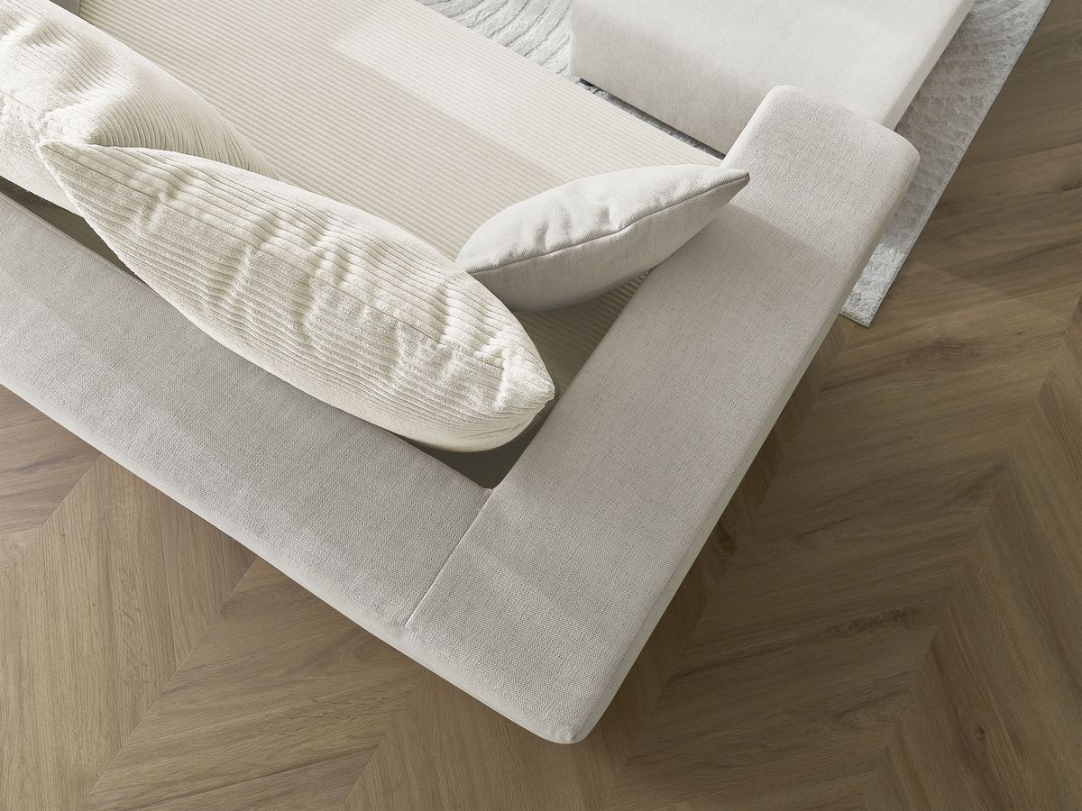 Canapé droit convertible LEANDRE bi matière avec deux poufs