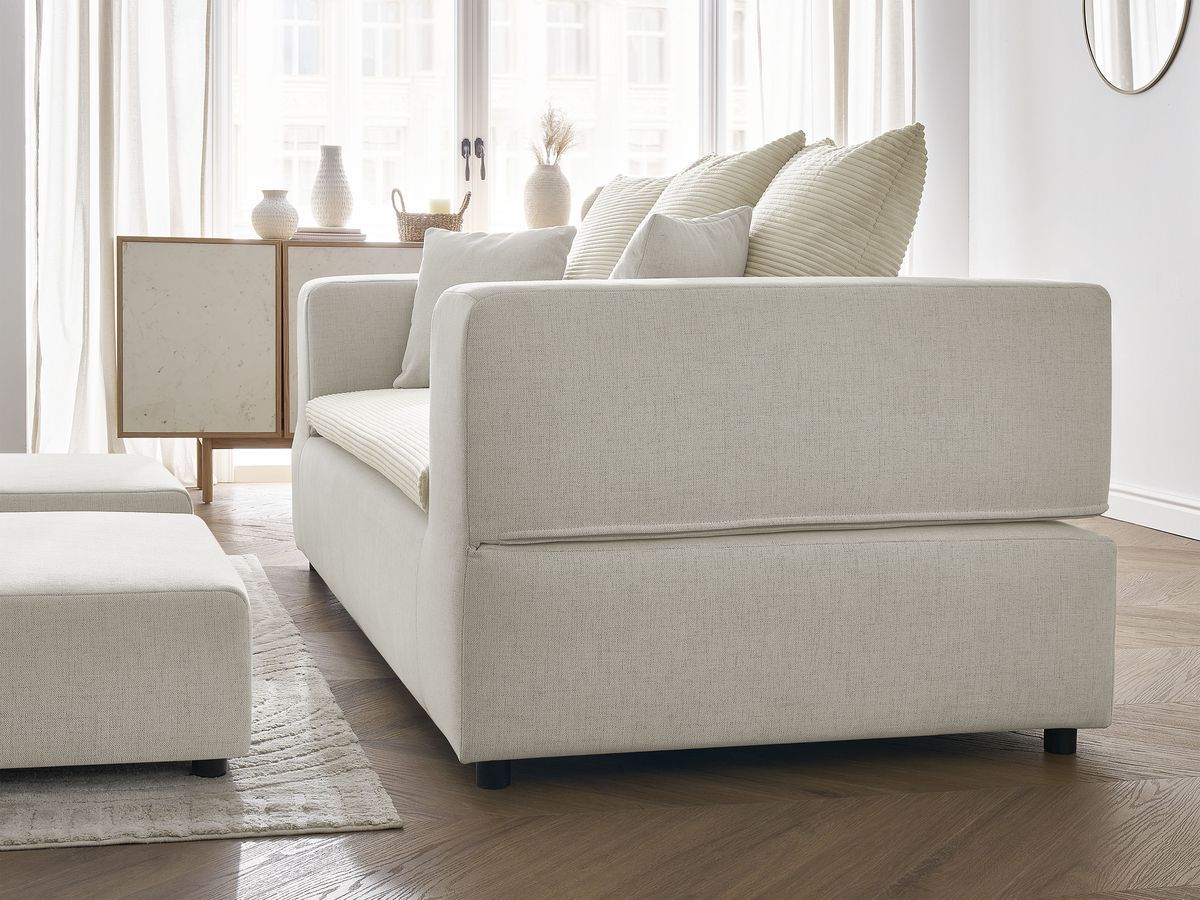 Canapé droit convertible LEANDRE bi matière avec deux poufs