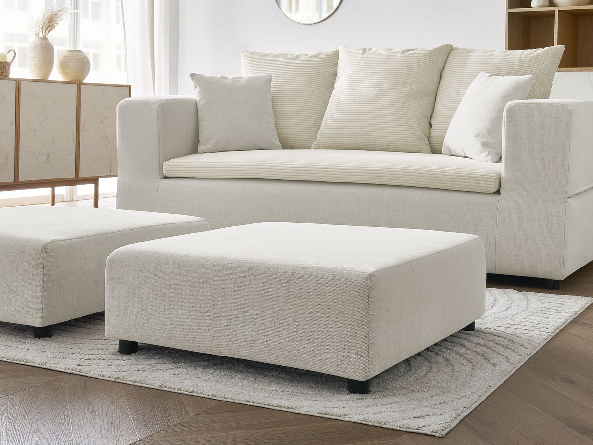 Canapé droit convertible LEANDRE bi matière avec deux poufs