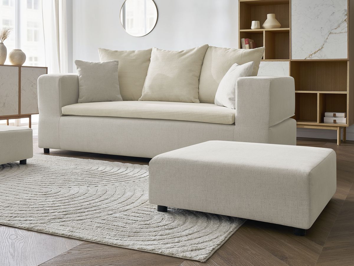 Canapé droit convertible LEANDRE bi matière avec deux poufs