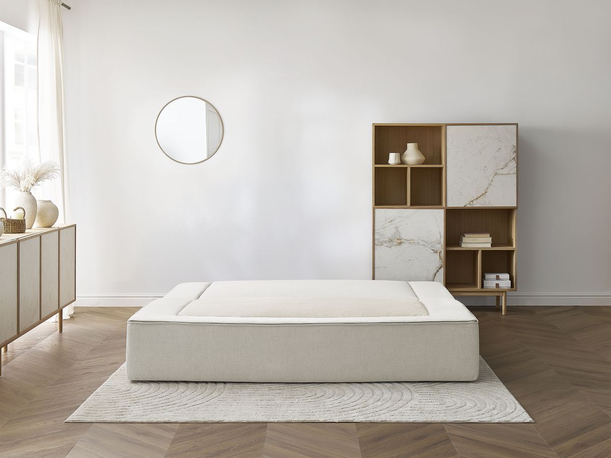 Canapé droit convertible LEANDRE bi matière avec deux poufs