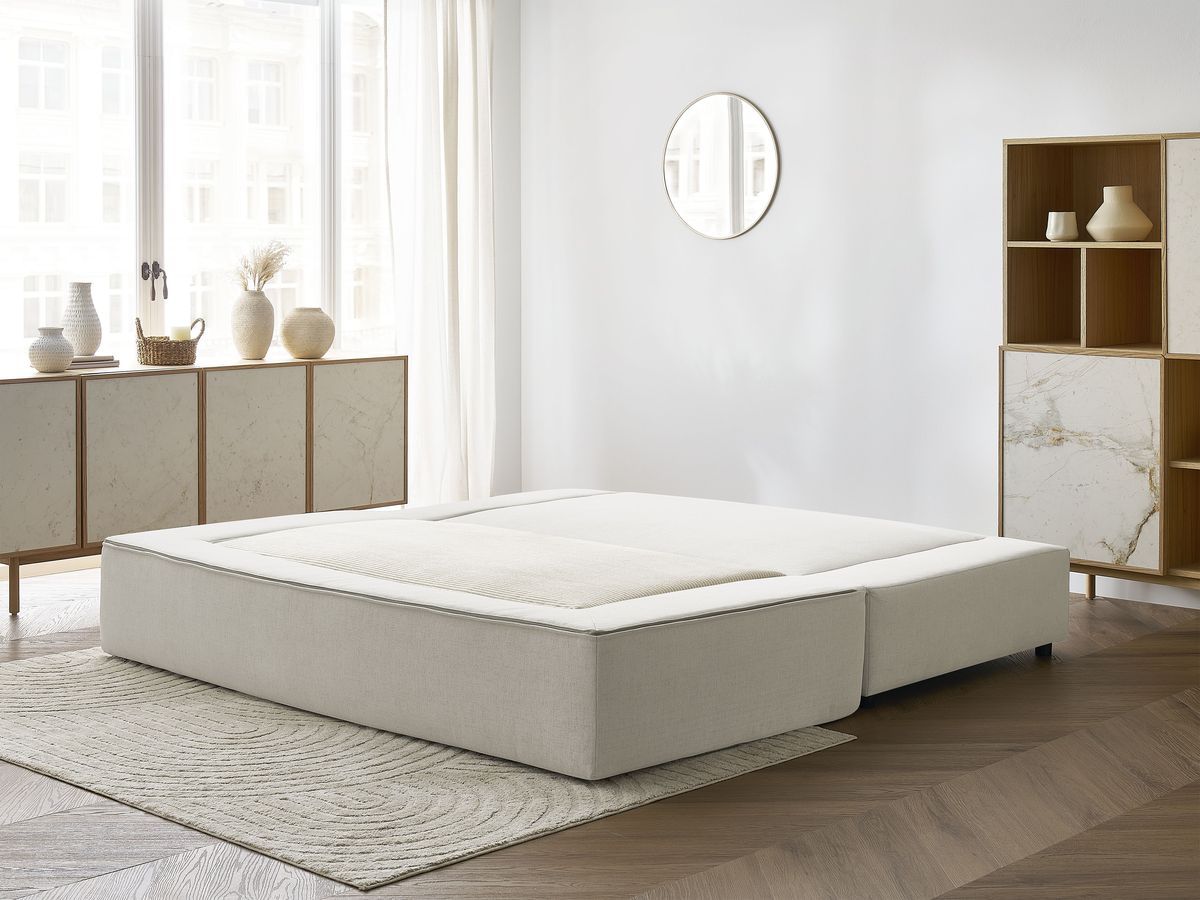 Canapé droit convertible LEANDRE bi matière avec deux poufs