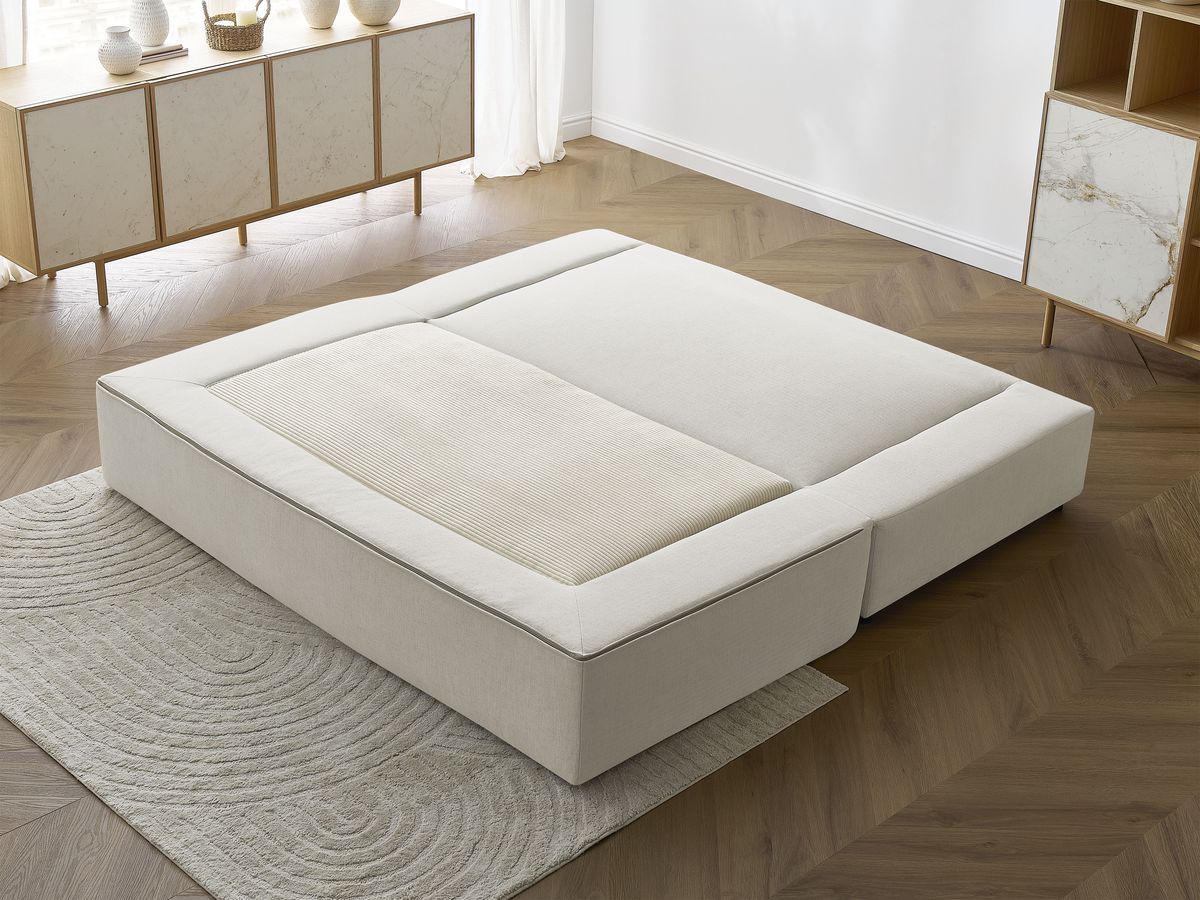 Canapé droit convertible LEANDRE bi matière avec deux poufs