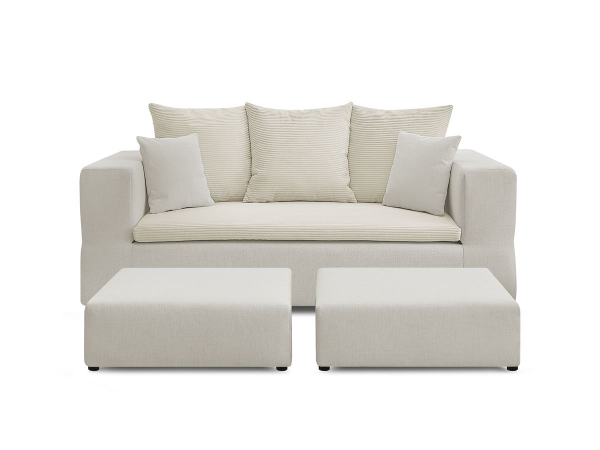 Canapé droit convertible LEANDRE bi matière avec deux poufs
