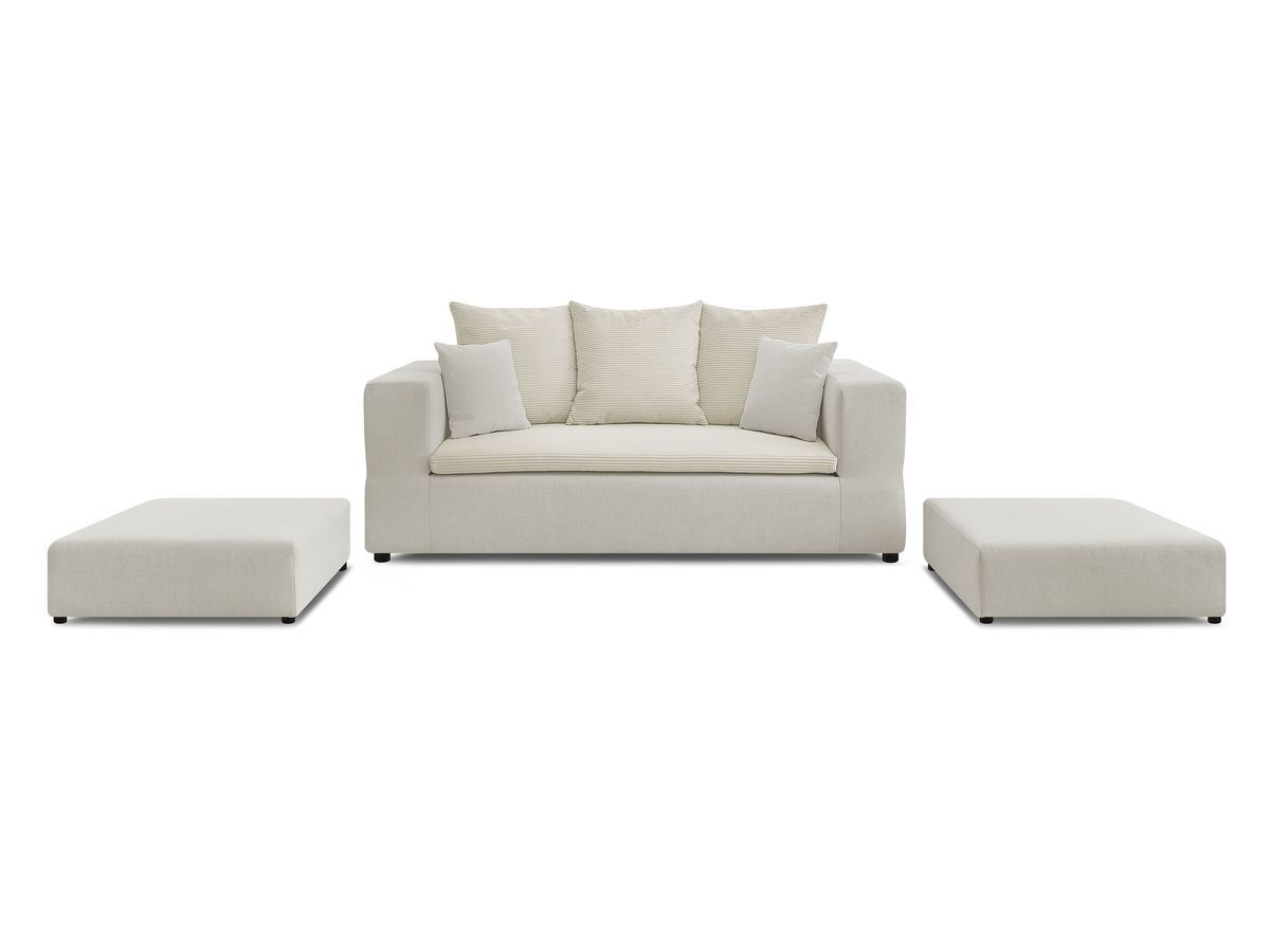 Canapé droit convertible LEANDRE bi matière avec deux poufs