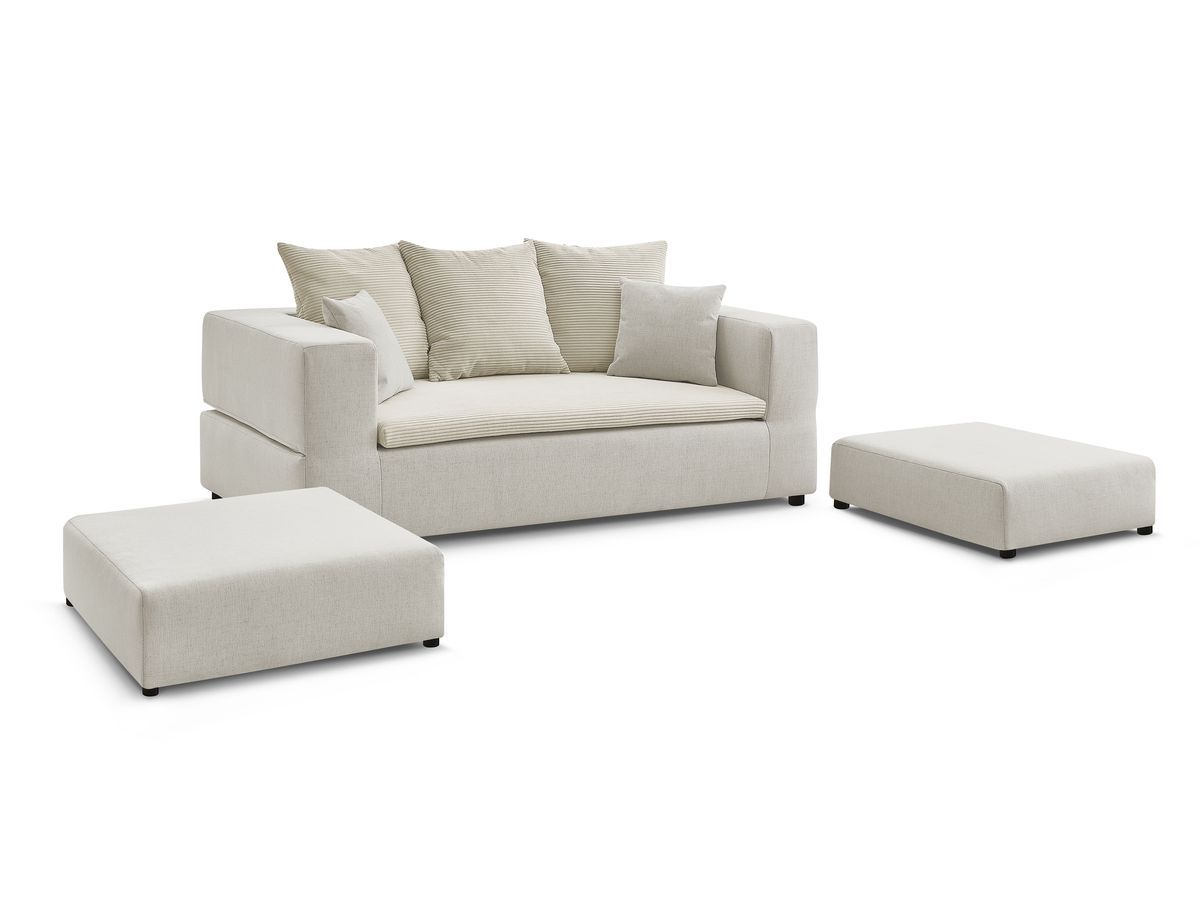 Canapé droit convertible LEANDRE bi matière avec deux poufs