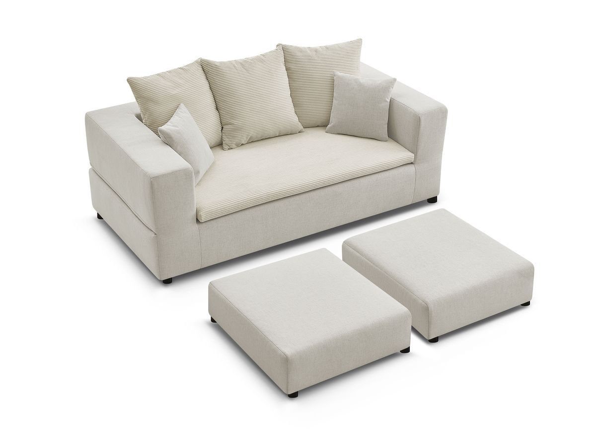 Canapé droit convertible LEANDRE bi matière avec deux poufs