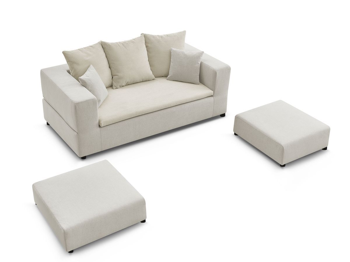 Canapé droit convertible LEANDRE bi matière avec deux poufs