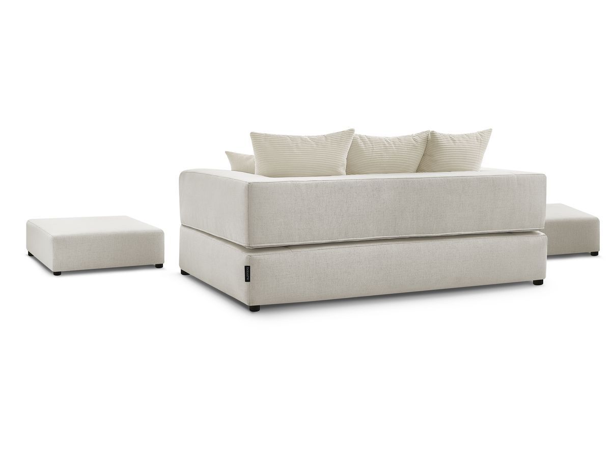 Canapé droit convertible LEANDRE bi matière avec deux poufs