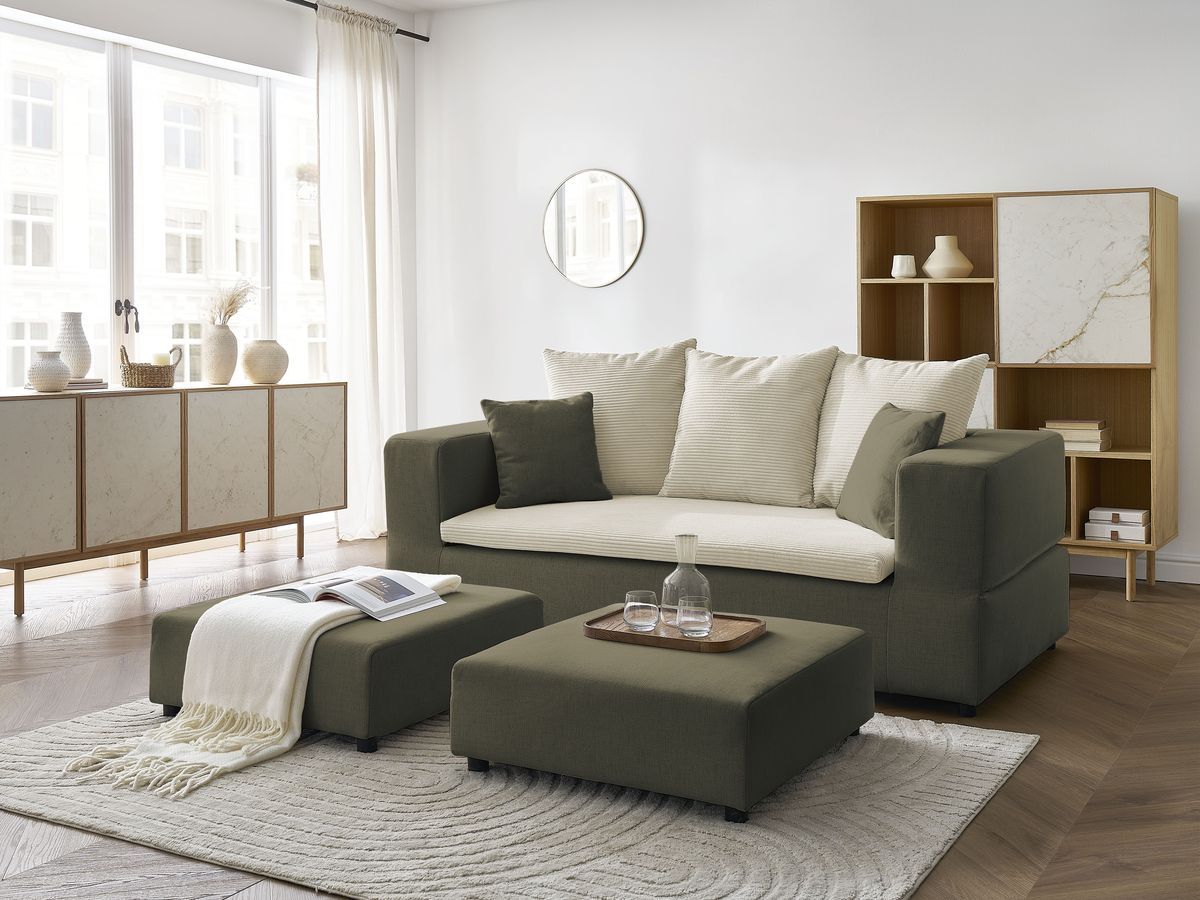 Canapé droit convertible LEANDRE bi matière avec deux poufs