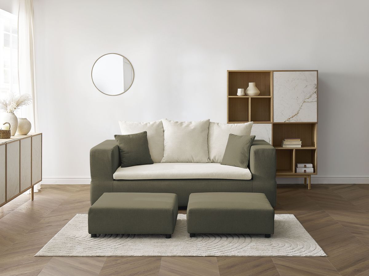 Canapé droit convertible LEANDRE bi matière avec deux poufs