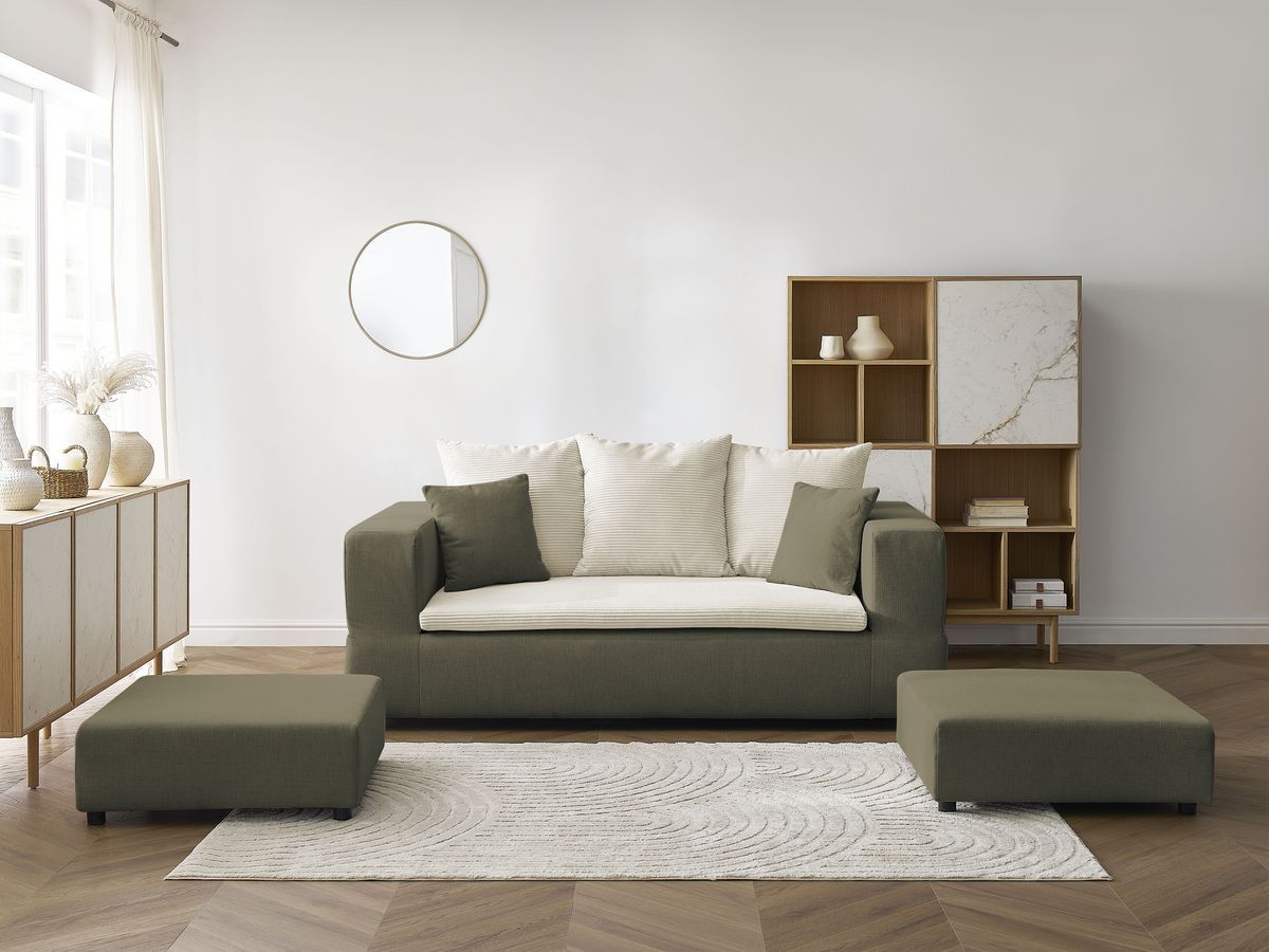 Canapé droit convertible LEANDRE bi matière avec deux poufs beige et vert BOBOCHIC 4 places - Vue supplémentaire 3