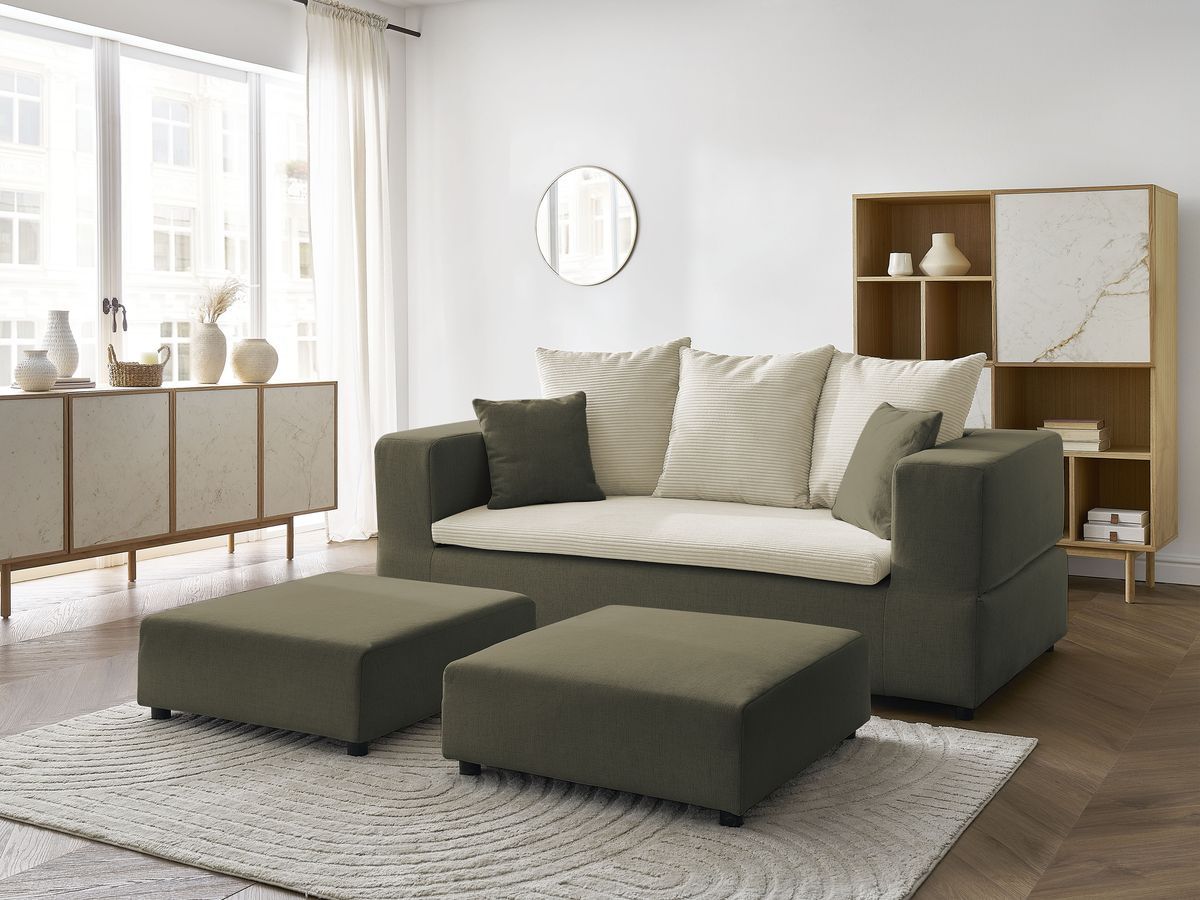 Canapé droit convertible LEANDRE bi matière avec deux poufs