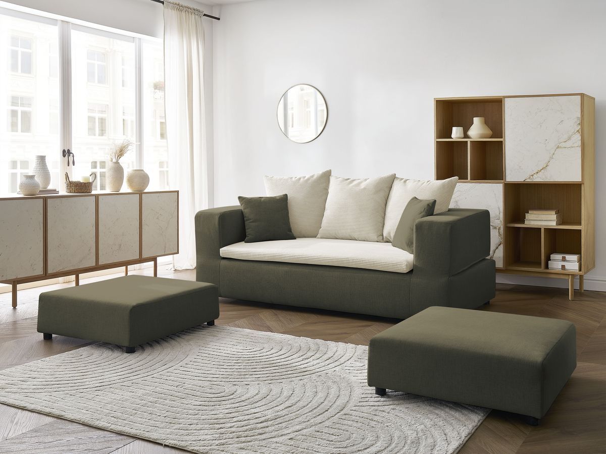 Canapé droit convertible LEANDRE bi matière avec deux poufs