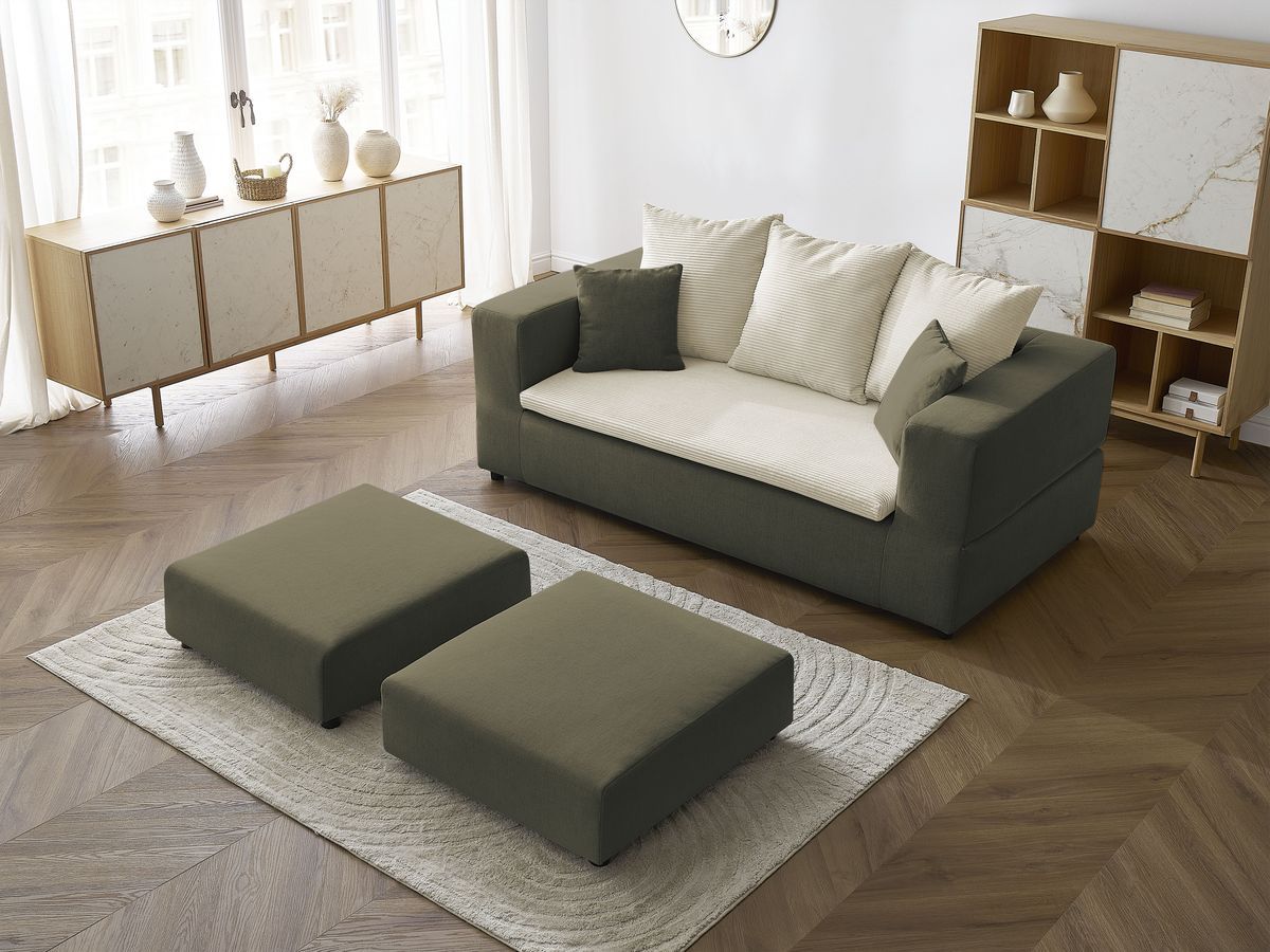 Canapé droit convertible LEANDRE bi matière avec deux poufs