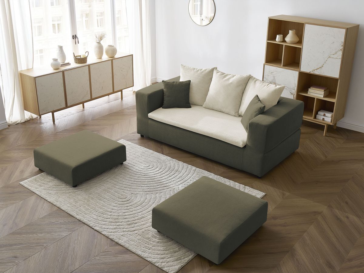 Canapé droit convertible LEANDRE bi matière avec deux poufs
