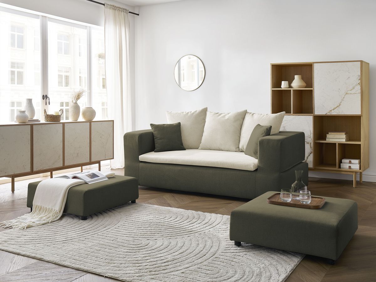 Canapé droit convertible LEANDRE bi matière avec deux poufs