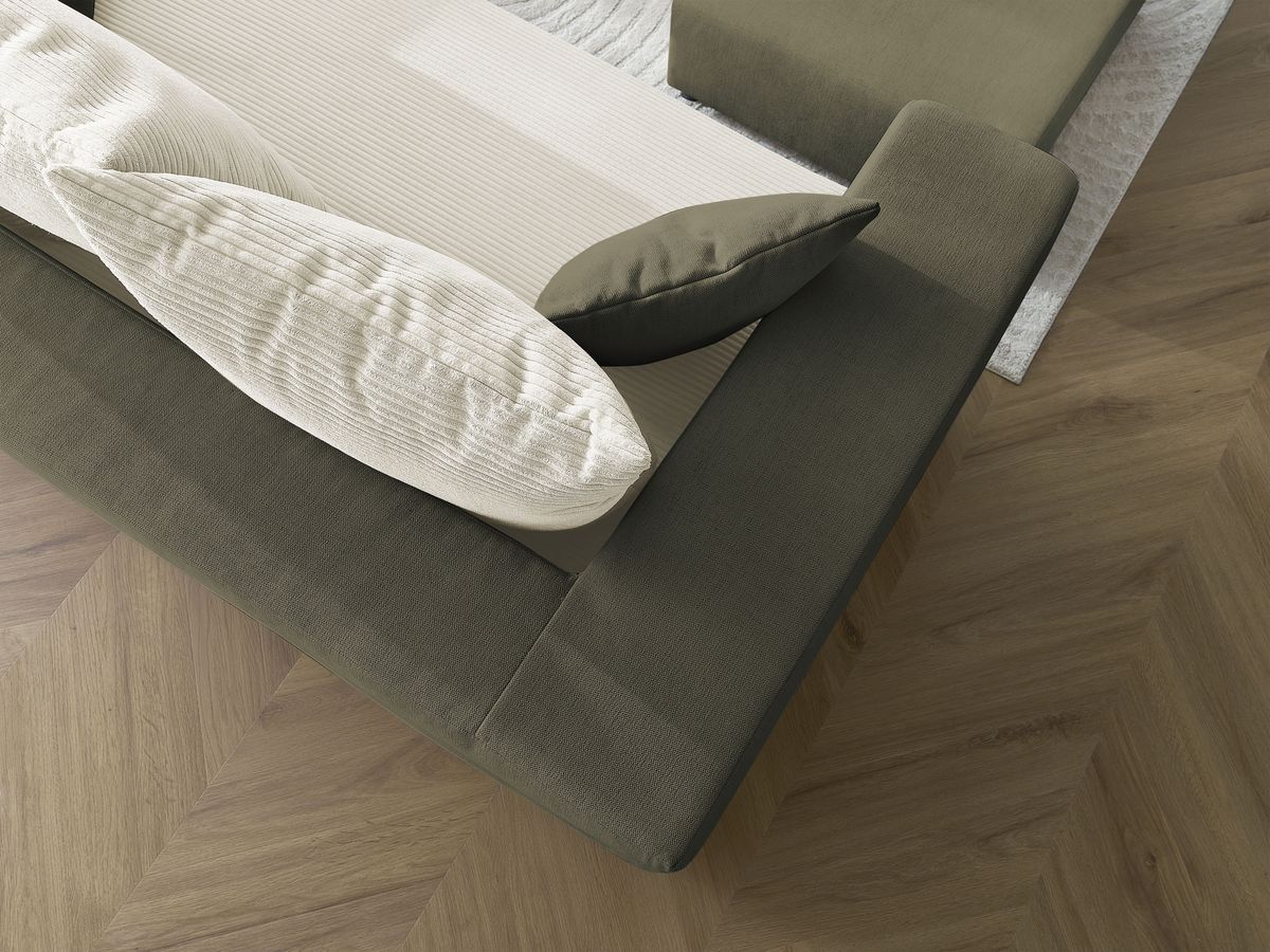 Canapé droit convertible LEANDRE bi matière avec deux poufs