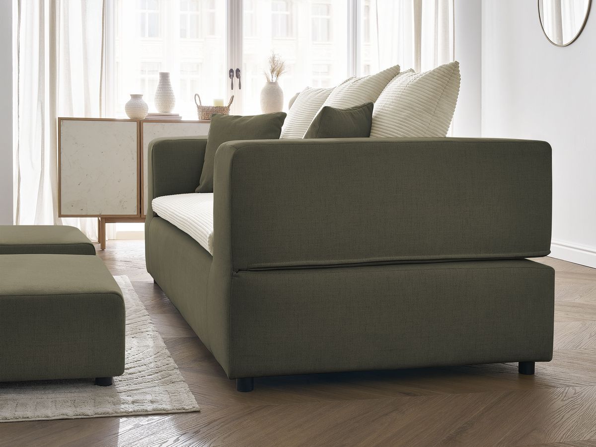 Canapé droit convertible LEANDRE bi matière avec deux poufs