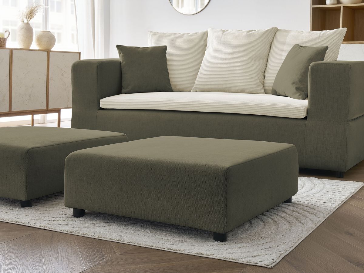 Canapé droit convertible LEANDRE bi matière avec deux poufs