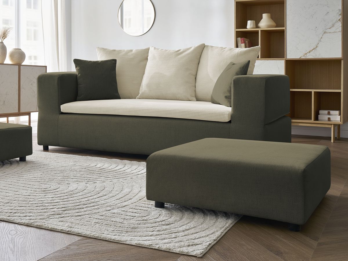Canapé droit convertible LEANDRE bi matière avec deux poufs