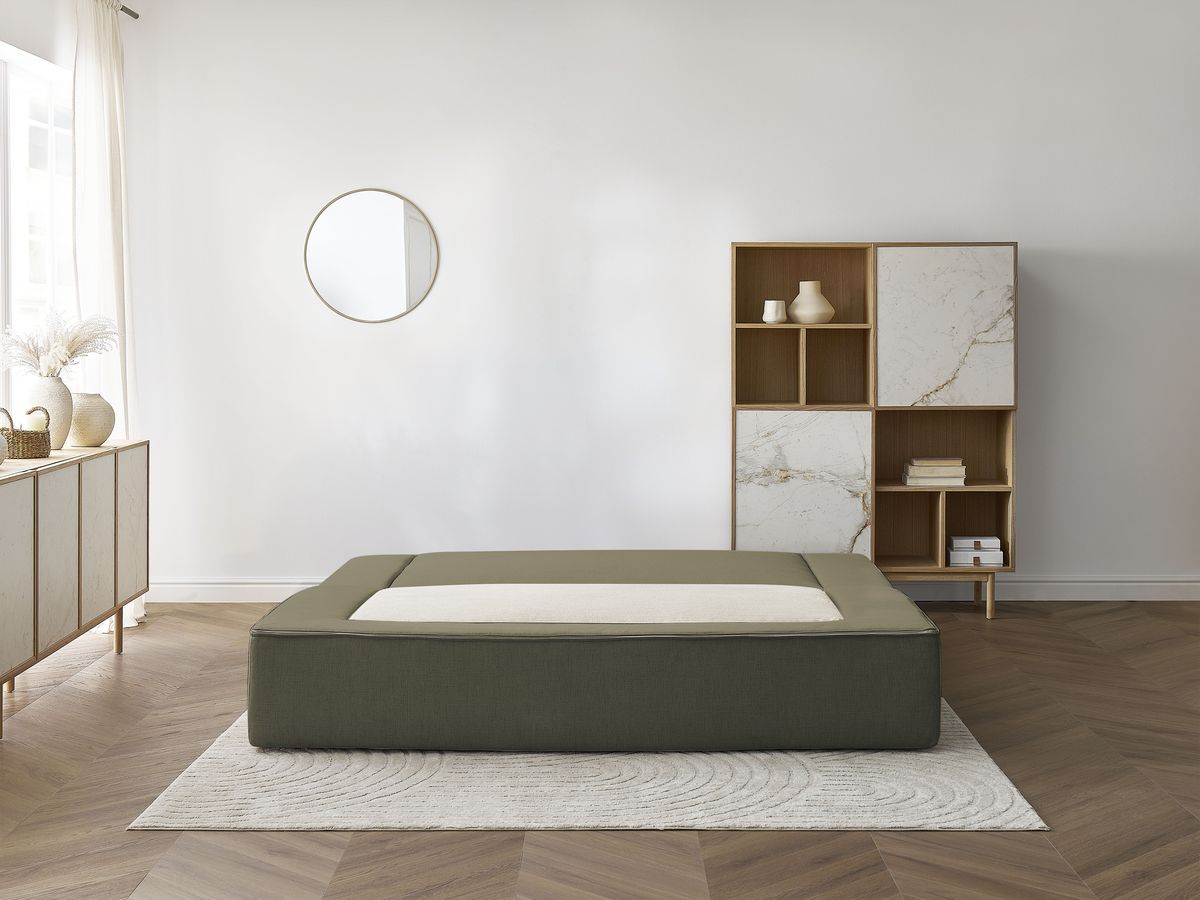 Canapé droit convertible LEANDRE bi matière avec deux poufs