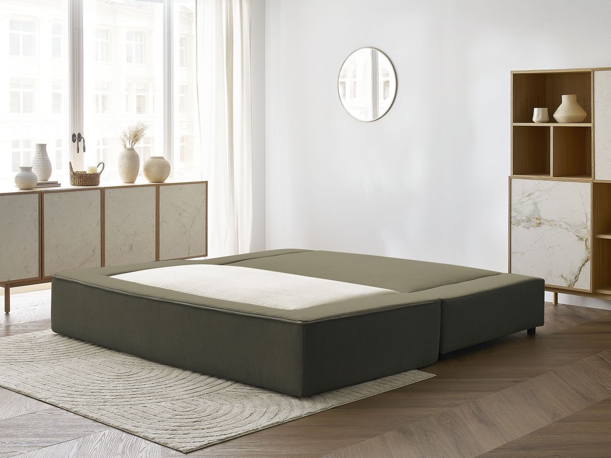 Canapé droit convertible LEANDRE bi matière avec deux poufs
