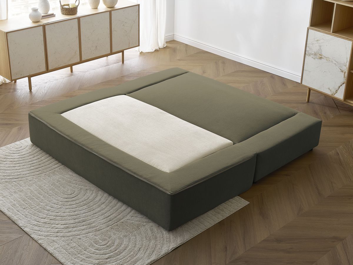 Canapé droit convertible LEANDRE bi matière avec deux poufs