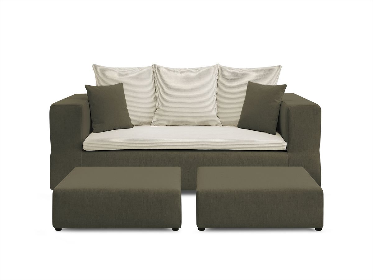 Canapé droit convertible LEANDRE bi matière avec deux poufs